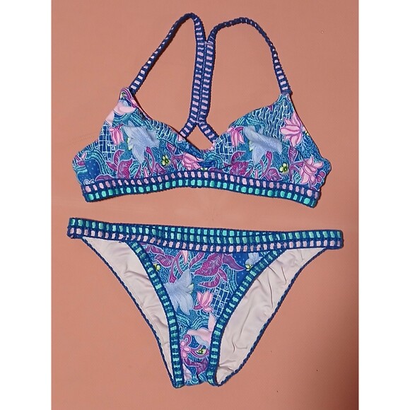 Victoria's Secret Other - Victoria's Secret Bikini Set Blue Floral Distinctive Crochet Trim Detail M  NWOT